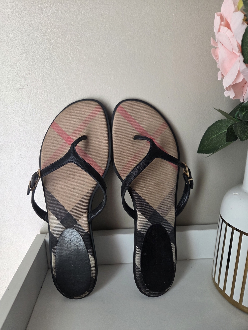 Burberry Beige Check Sandal with Black Straps Size 37